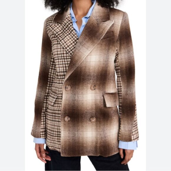 AVEC LES FILLES NWT Brown Mixed Plaid Boxy Blazer Colorblock Jacket Size Large - Picture 1 of 15